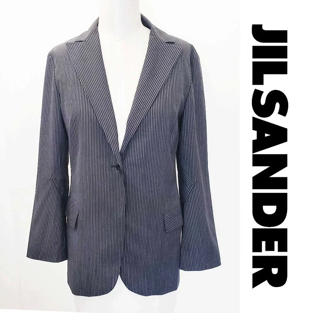 Jil Sander Womens Black and Gray Stripe Stretch Blazer Jacket